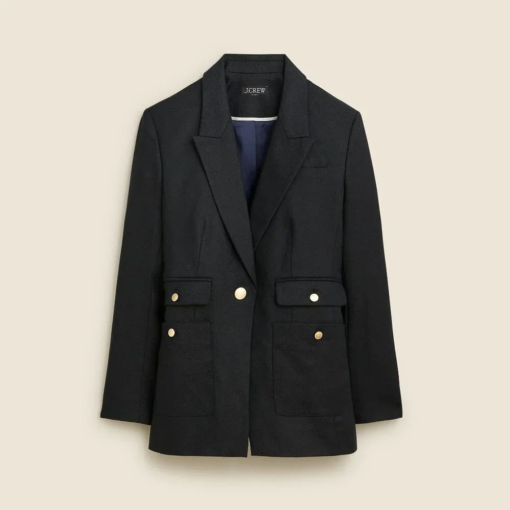 J.Crew Vivienne Navy Linen Blend Blazer 10P Petite Gold Button Tailored Jacket - Picture 1 of 16